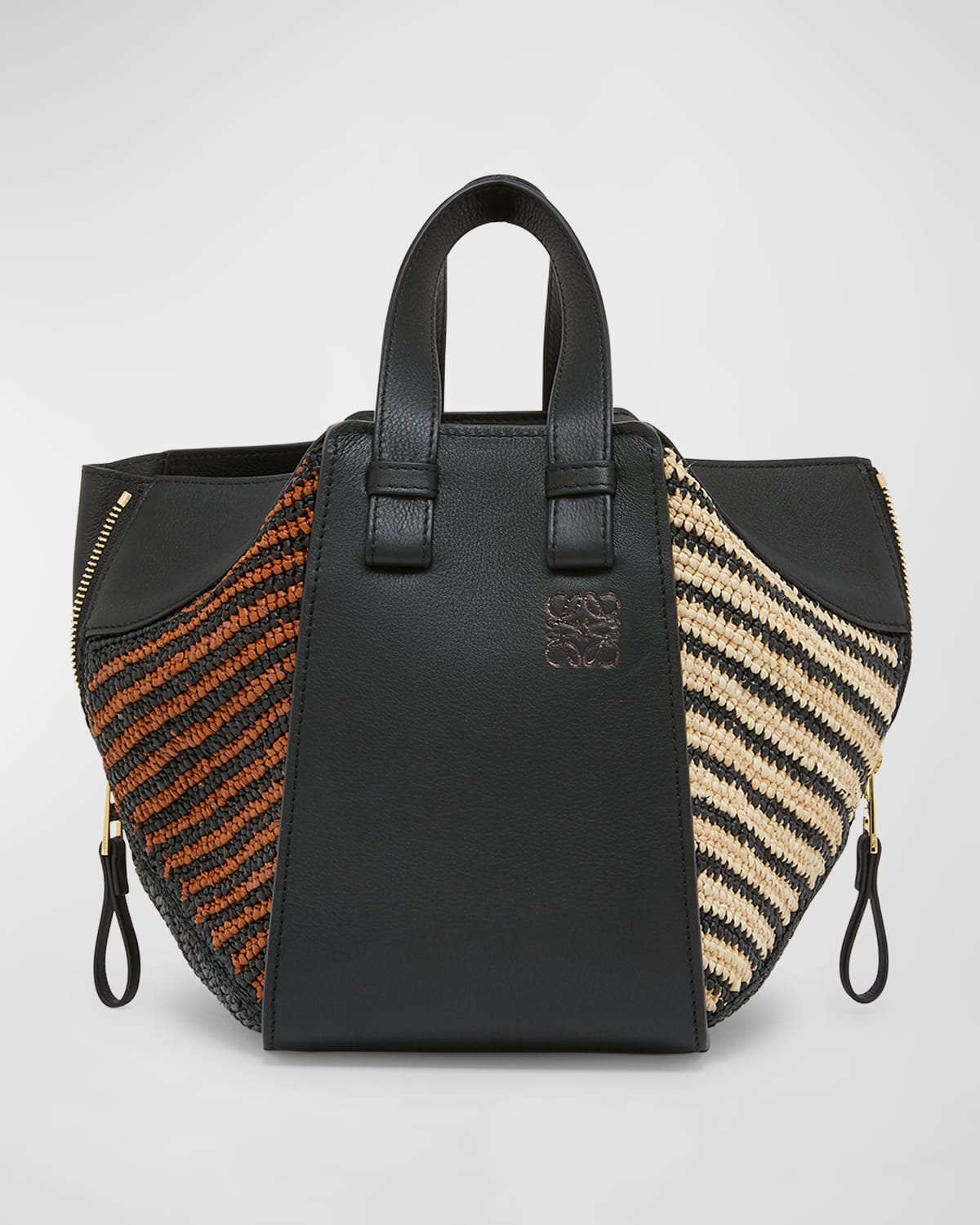 Loewe x Paula's Ibiza Hammock Compact Top-Handle Bag in Striped Raffia with Leather Handles