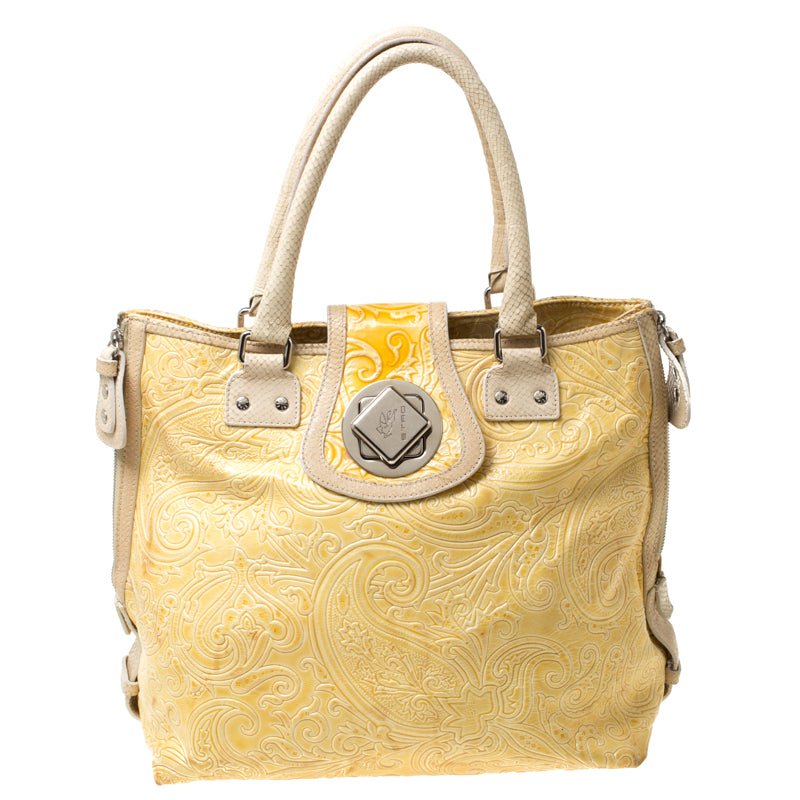 Etro Yellow Paisley Embossed Patent Leather Tote