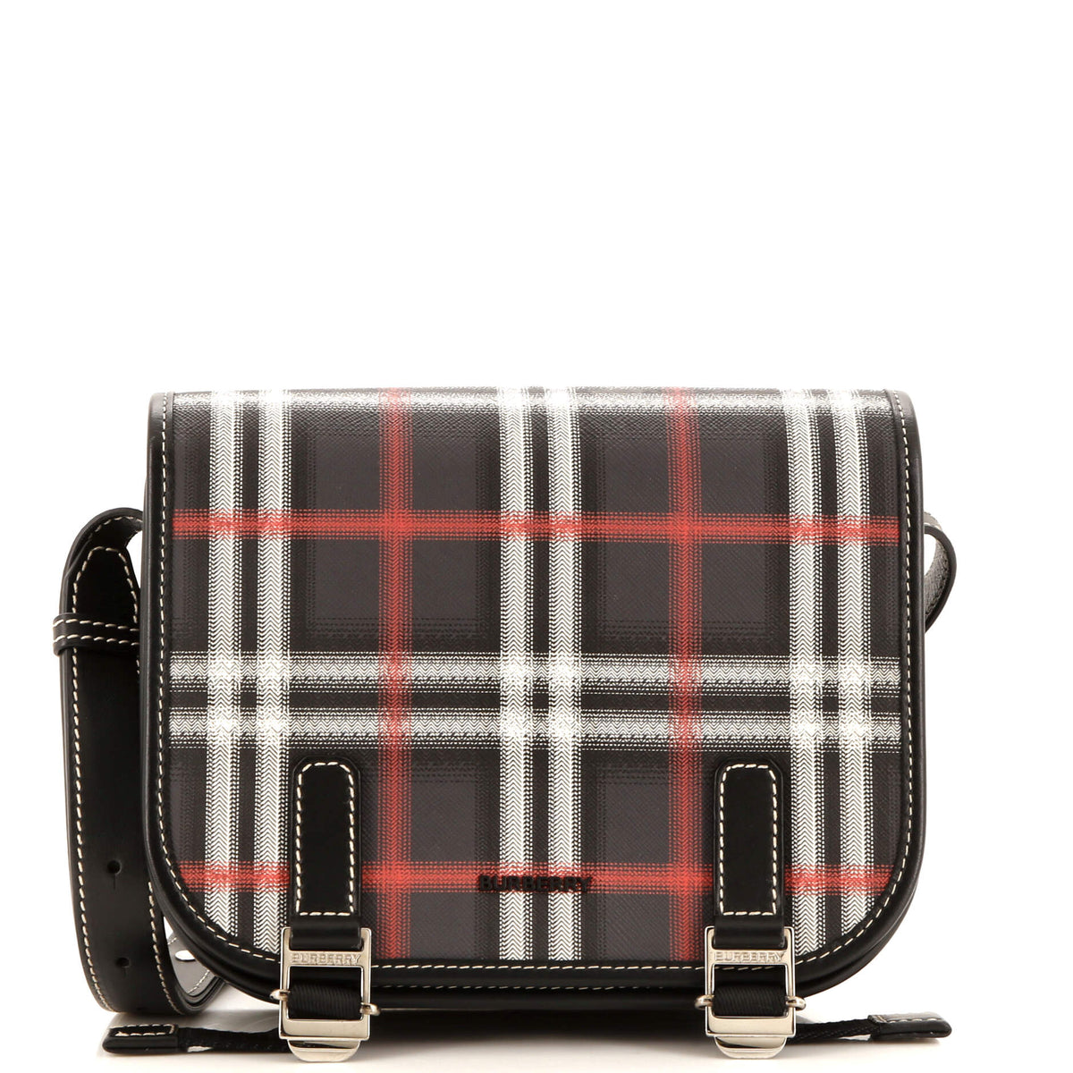 Burberry Double Buckle Flap Messenger Bag Rider Check Coated Canvas Small