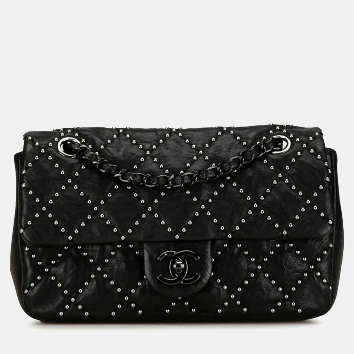 Chanel Black Washed Lambskin Studded Metal Beauty Flap Bag