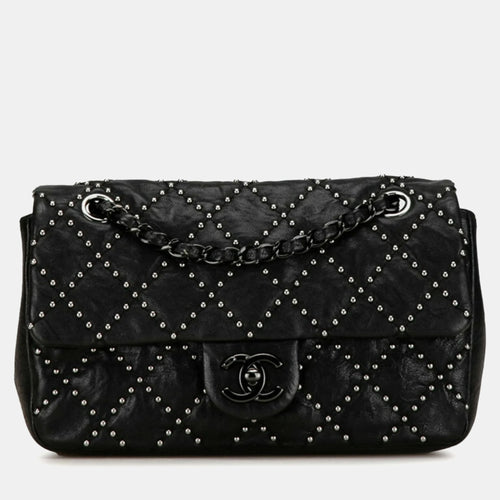 Black Washed Lambskin Studded Metal Beauty Flap Bag