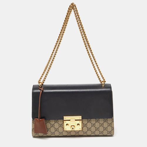 Beige/Black GG Supreme Canvas and Leather Medium Padlock Shoulder Bag