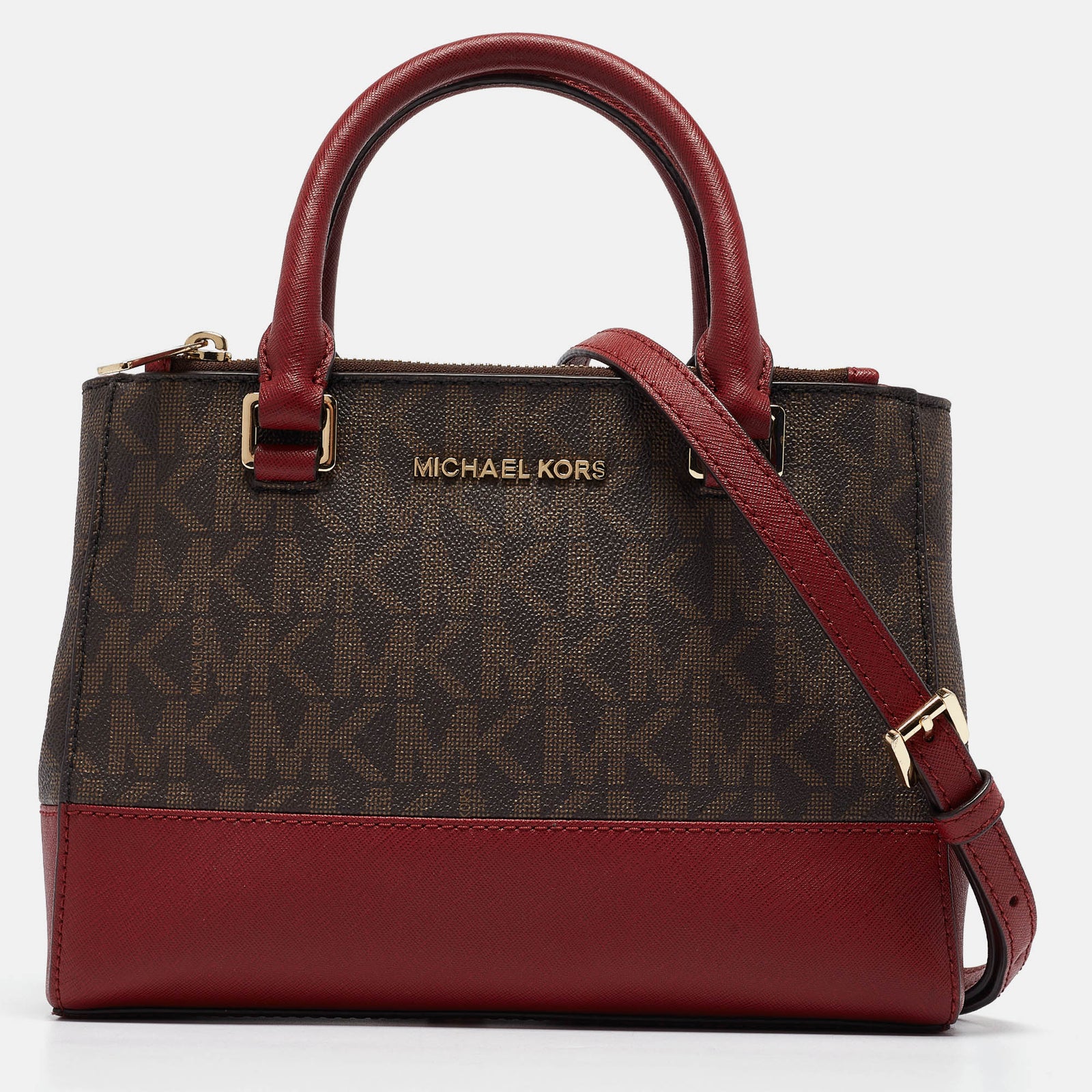 Michael Kors Burgundy/Brown Signature Coated Canvas and Leather XS Kellen Tote