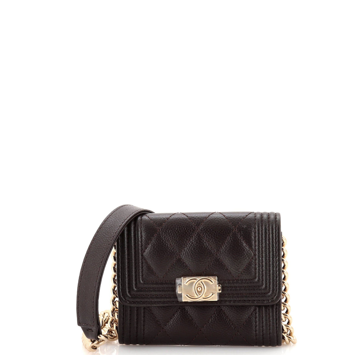 Chanel CHANEL Boy Flap Card Holder on Chain Quilted Caviar