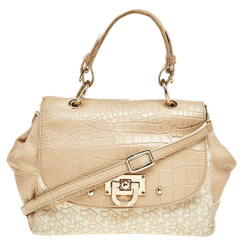 DKNY Beige/White Signature Coated Canvas And Leather Satchel