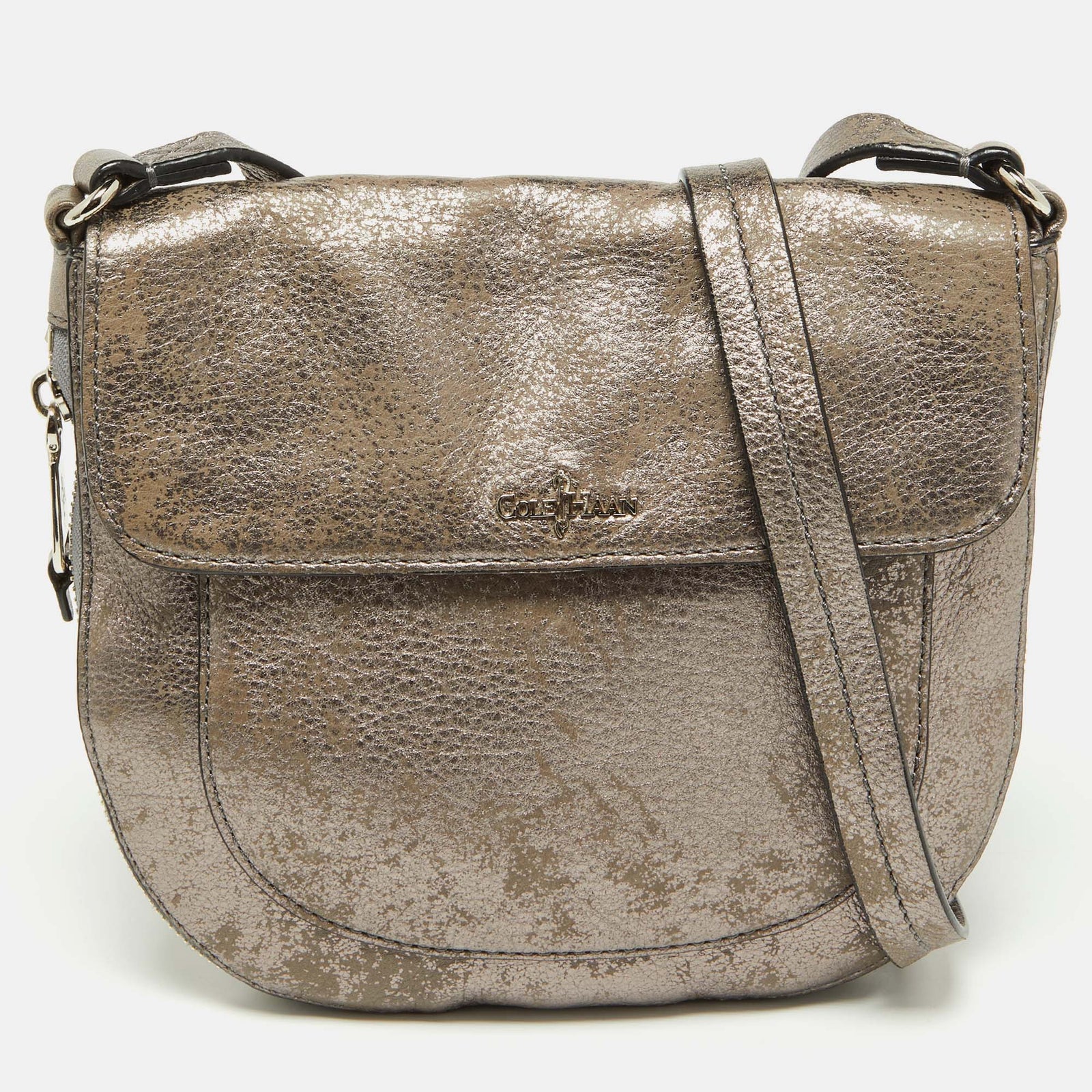 Cole Haan Metallic Grey Leather Flap Zip Round Crossbody Bag