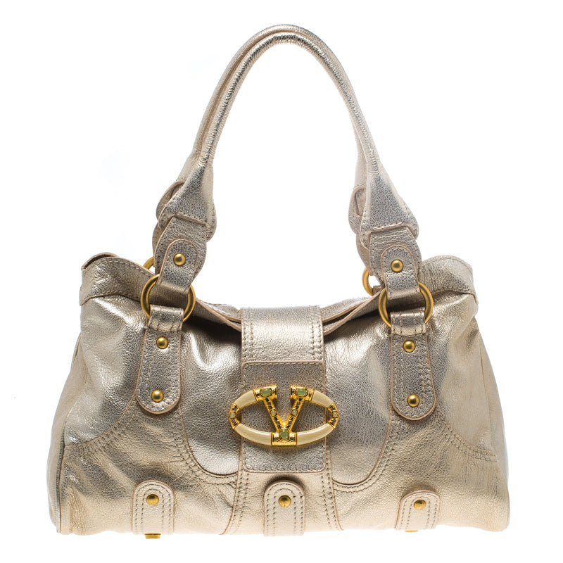 Valentino Gold Leather Crystal Catch Satchel