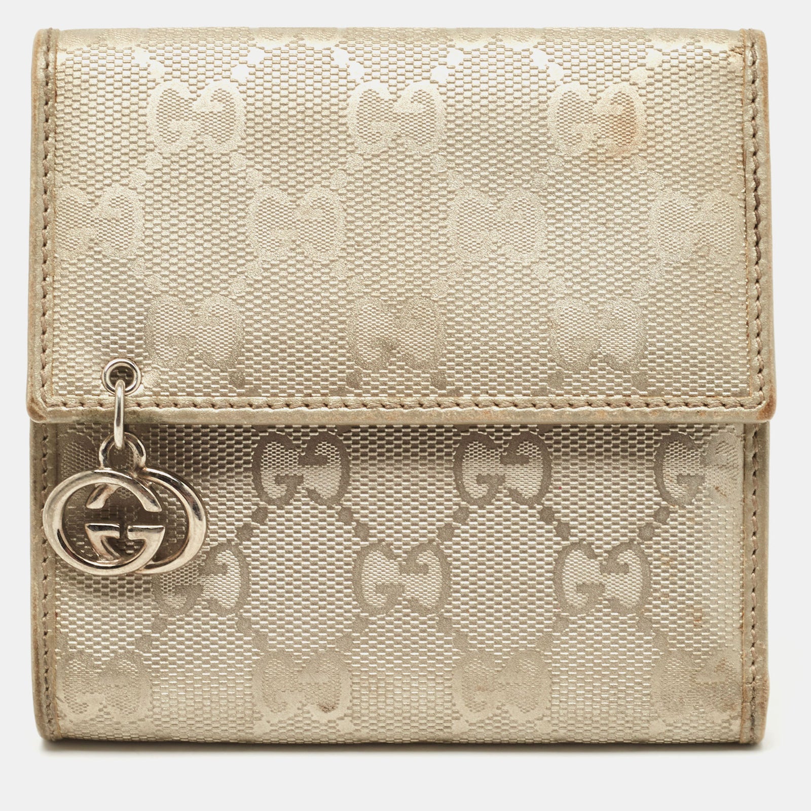 Gucci Silver GG Imprime Canvas and Leather GG Charm Trifold Wallet