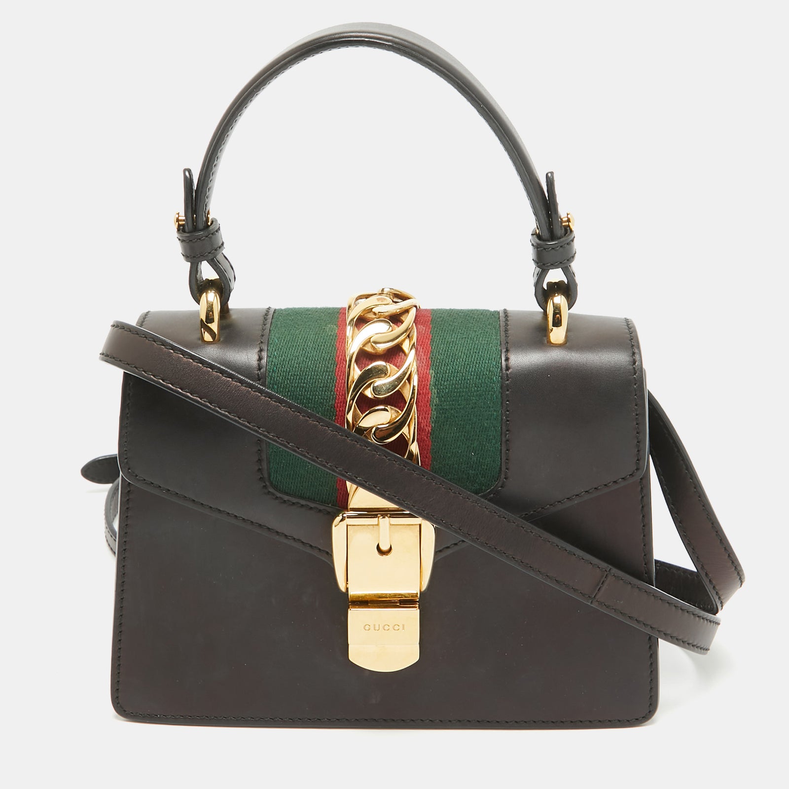 Gucci Schwarze Mini-Tasche „Sylvie“ aus Leder mit Webmuster und Henkel