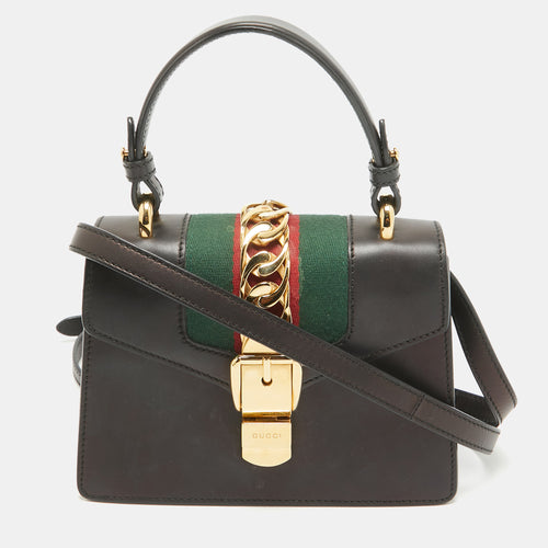 Black Leather Mini Web Sylvie Top Handle Bag