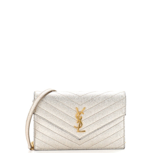 Classic Monogram Wallet on Chain Matelasse Chevron Metallic Leather Small