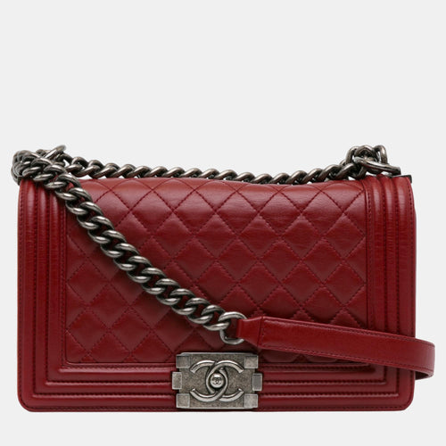 Red Lambskin Leather Medium Boy Flap Bag