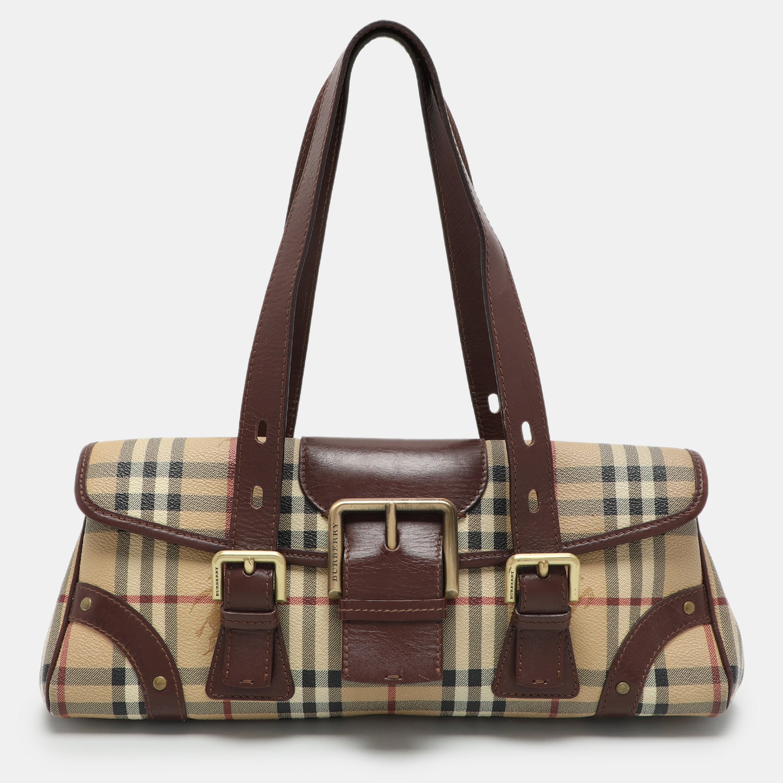 Burberry Brown/Beige Haymarket Check Coated Canvas and Leather Buckle Flap Satchel