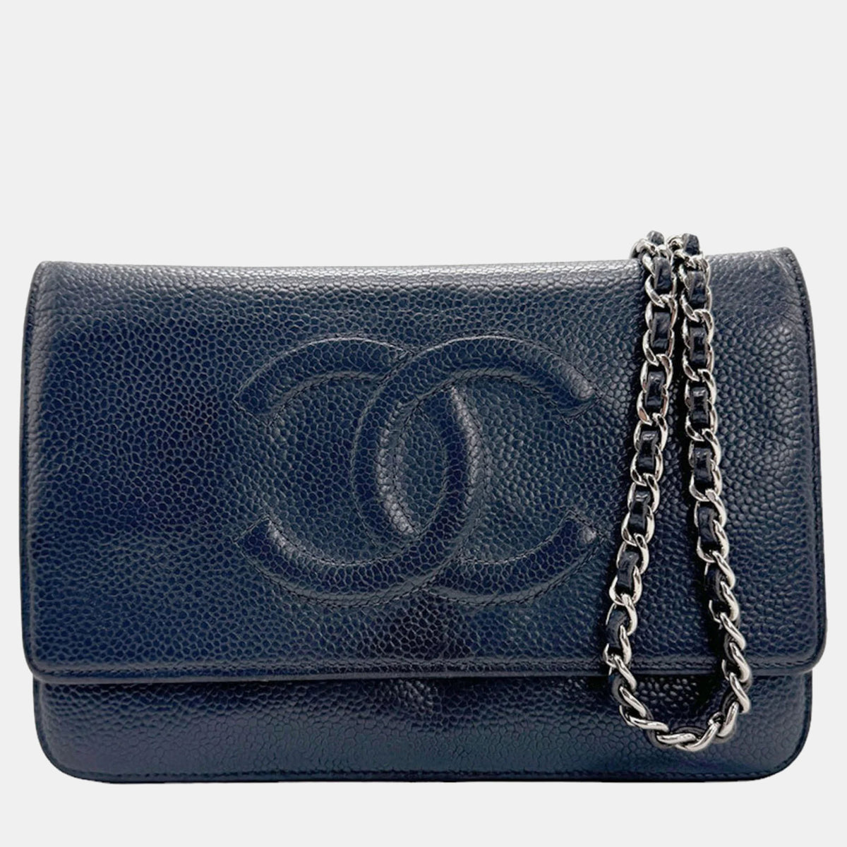 Chanel Navy Blue Leather  CC Wallet On Chain