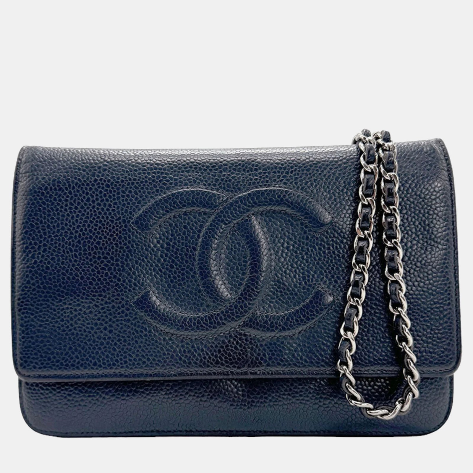 Chanel CC-Geldbörse aus Leder mit Kette in Marineblau