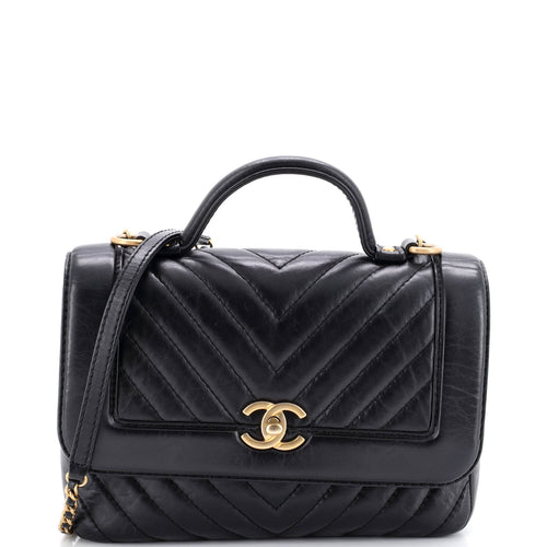 CHANEL Top Handle Flap Bag Chevron Calfskin Small