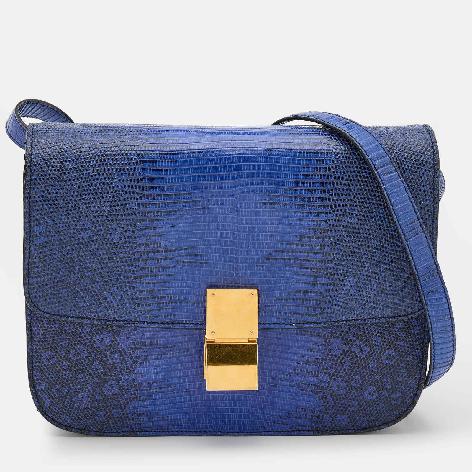 Celine Blue Lizard and Leather Medium Classic Box Shoulder Bag