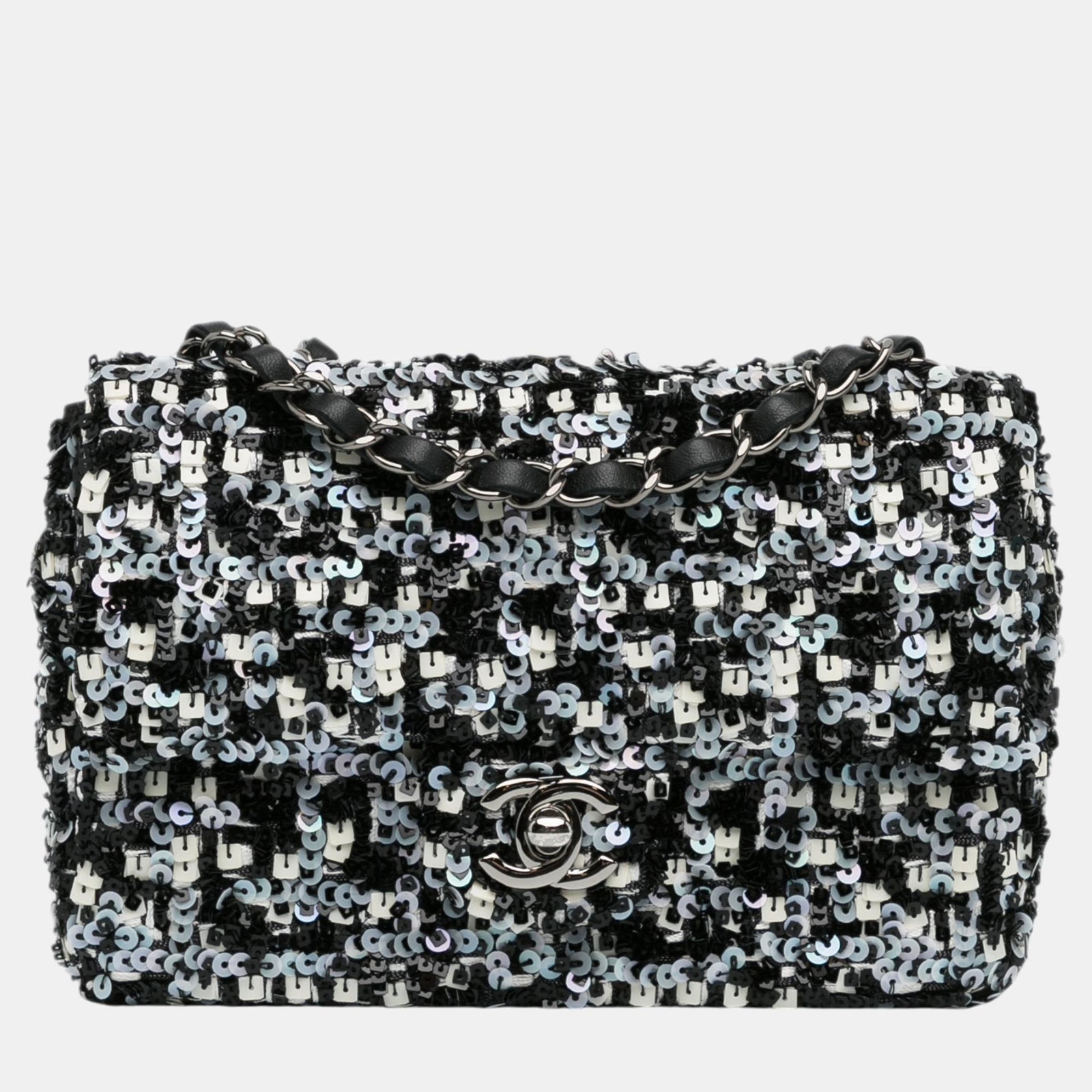 Chanel Mini sac à rabat simple en cuir d'agneau noir à sequins