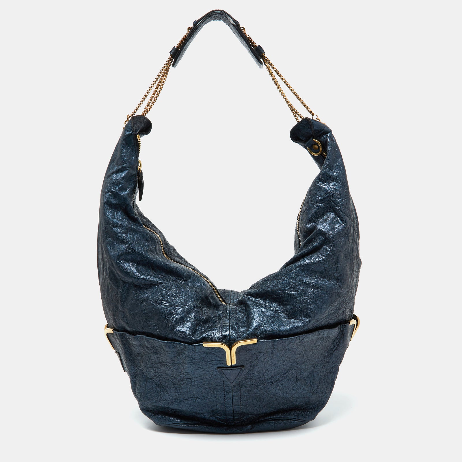 Chloe Metallic Blue Leather Milton Triple Chain Hobo