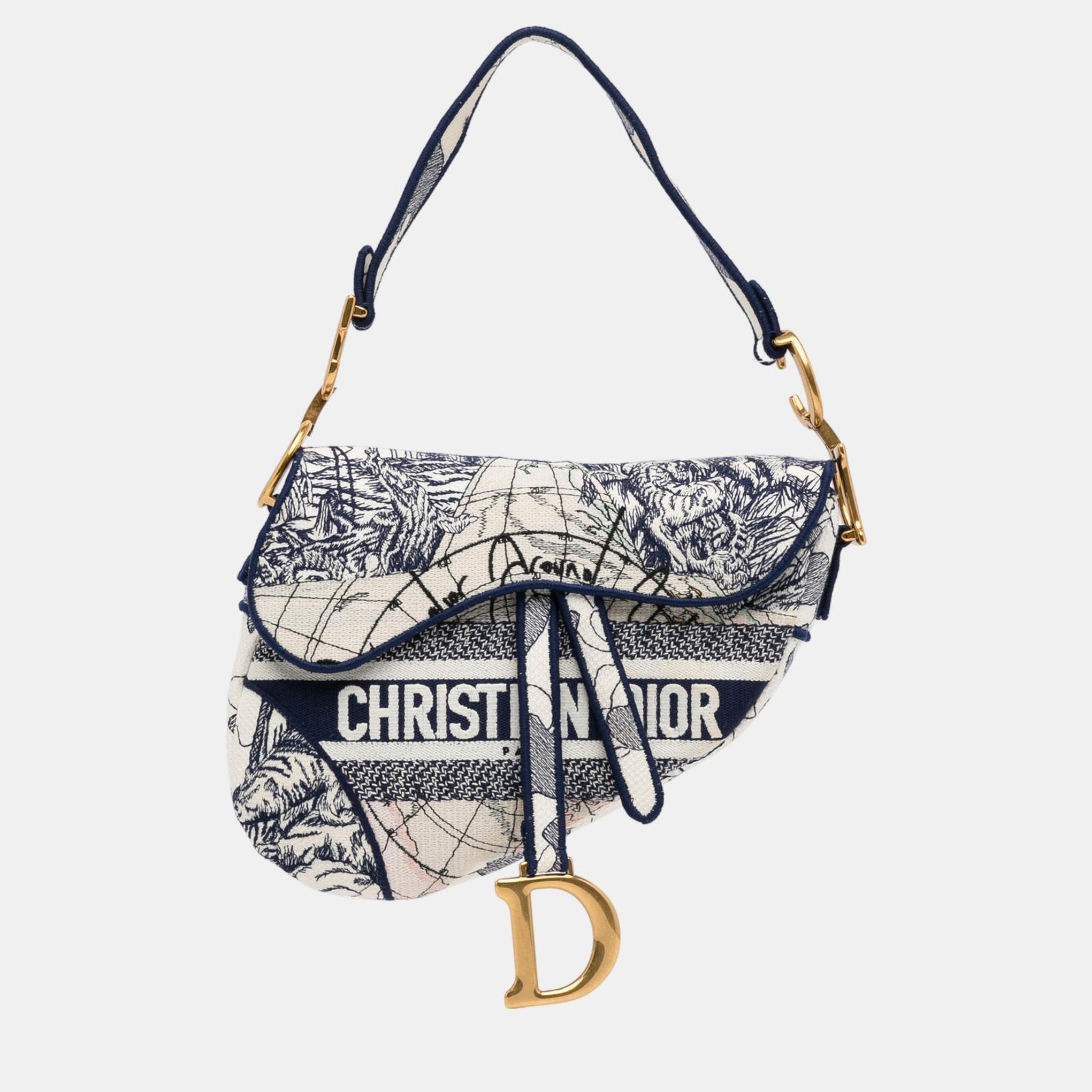 Dior White Black Embroidered Canvas Around The World Saddle Bag