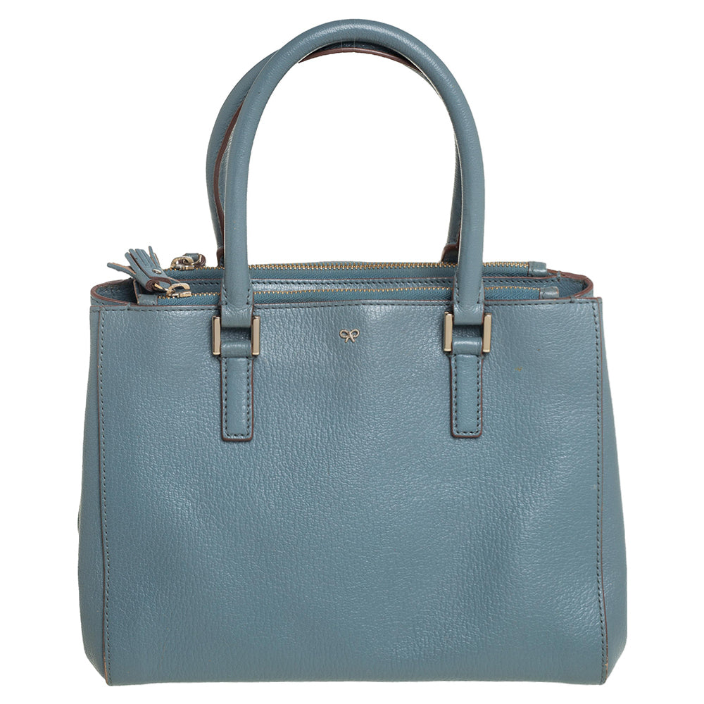 Stone Blue Leather Double Zip Tote