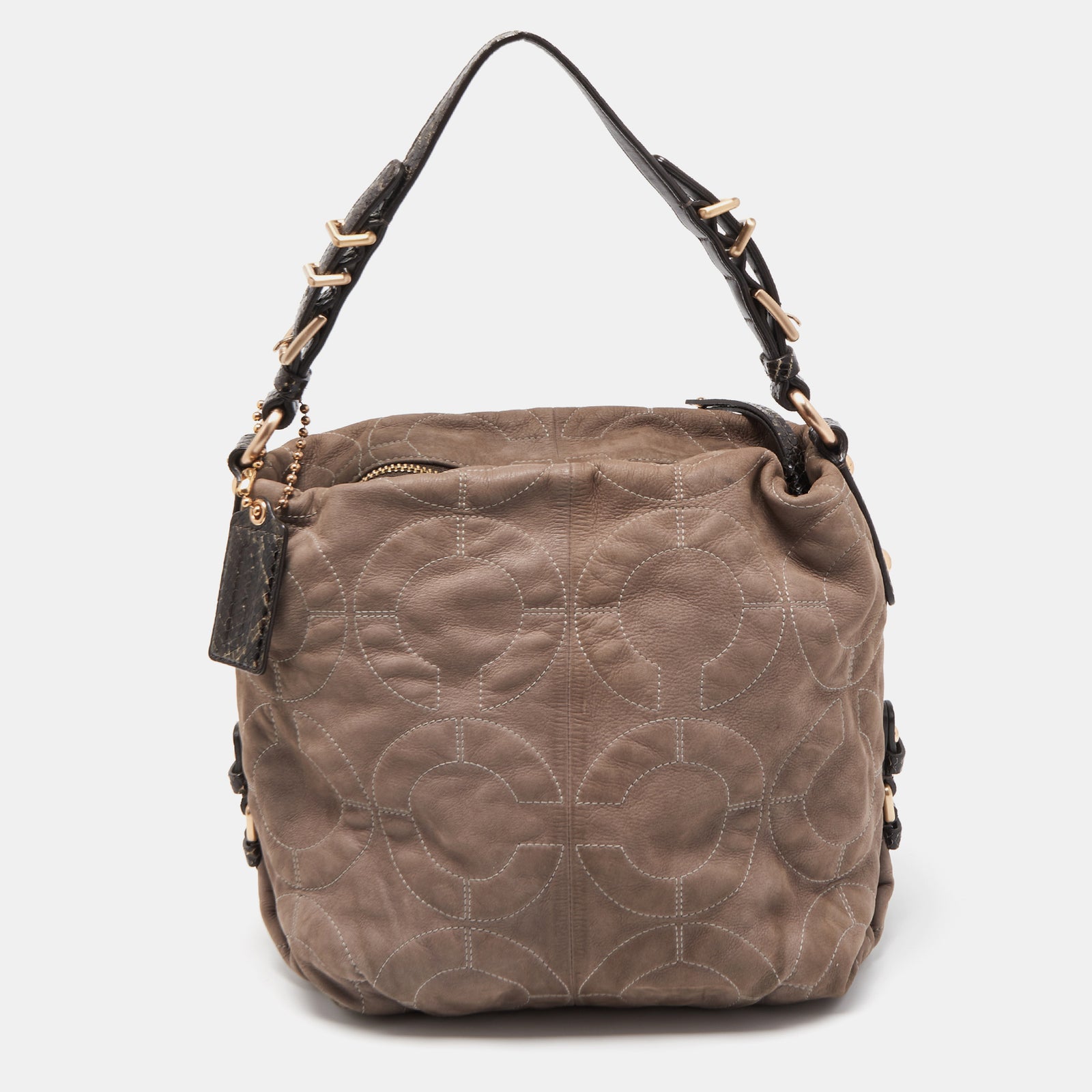 Coach Grey/Dark Brown Op Art Signature Nubuck Leather Zip Hobo