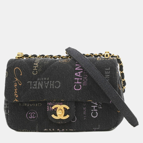 Black Logo Printed Quilted Denim Small Mood Flap Bag