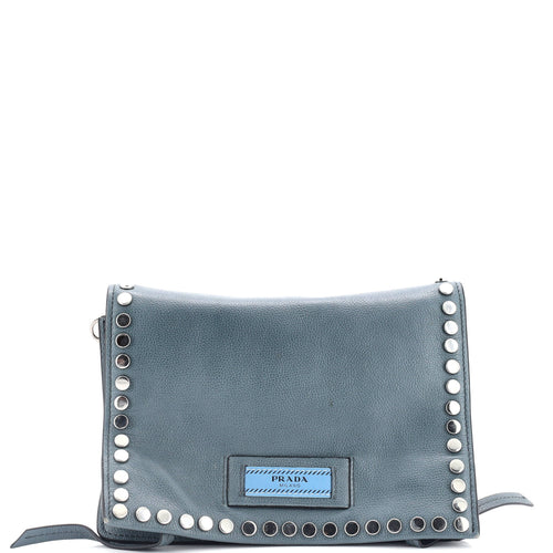 PRADA Etiquette Flap Bag Studded Glace Calfskin Small