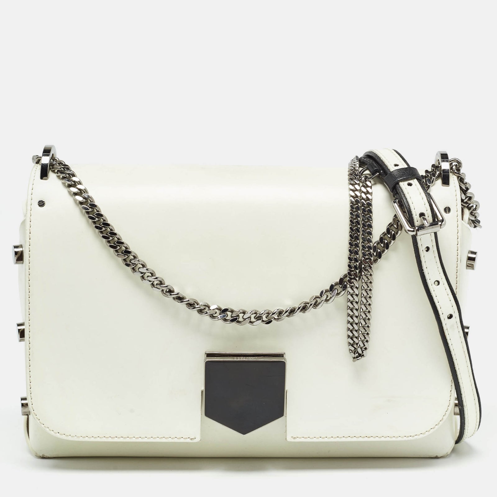 Jimmy Choo White Glazed Leather Lockett City Shoulder Bag