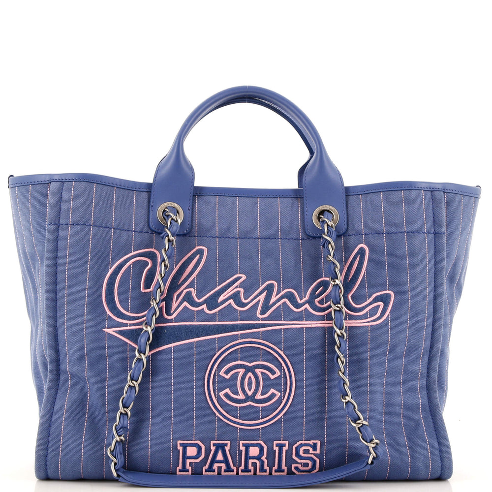 CHANEL Deauville Tote Nadelstreifen Baumwolle Medium