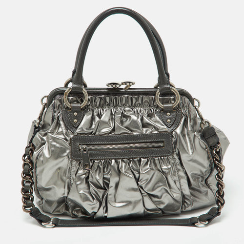 Silver Coated Canvas and Leather Stam Bag