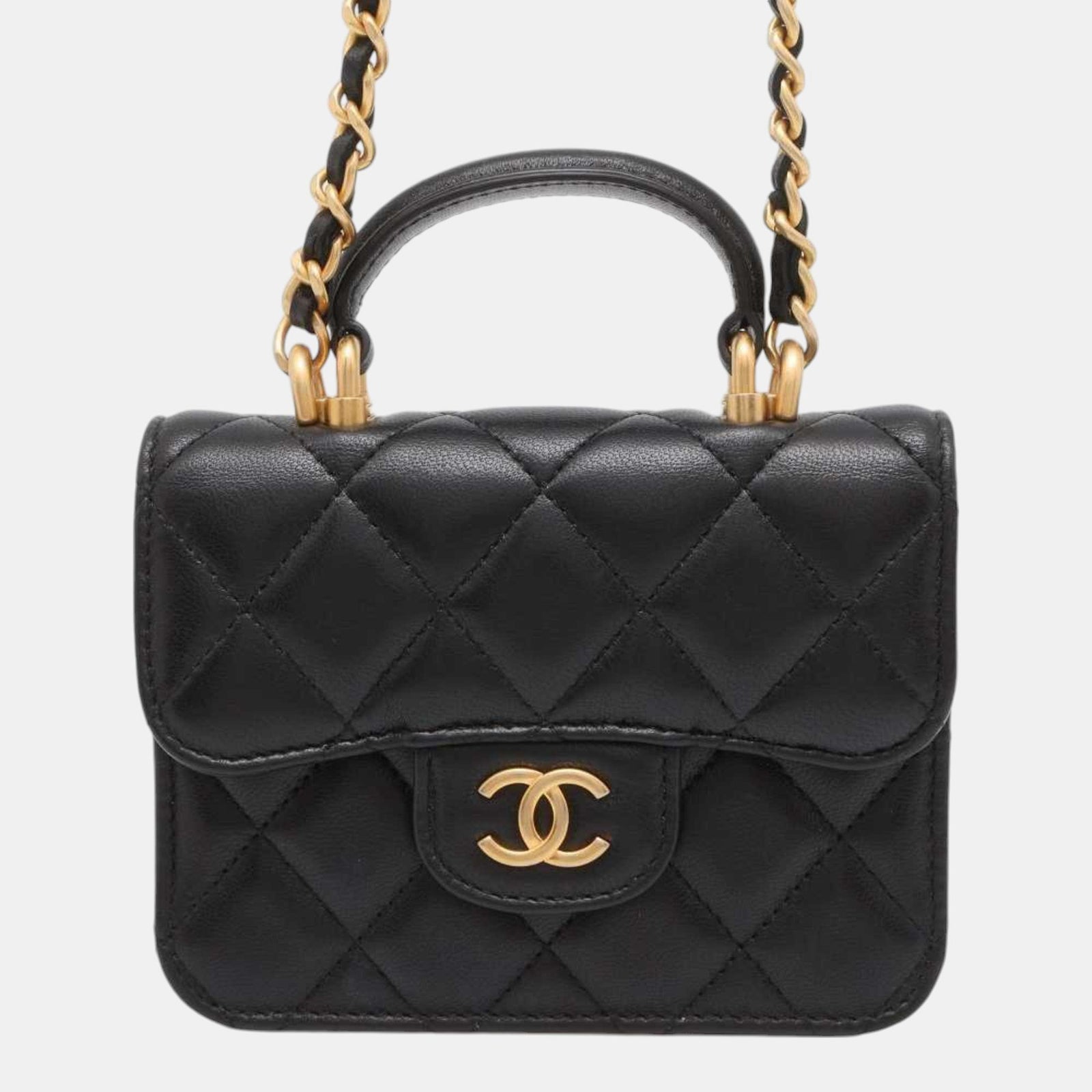 Chanel Schwarzes Coco Mark-Portemonnaie aus Matelassé-Lammleder mit Klappe und Kette