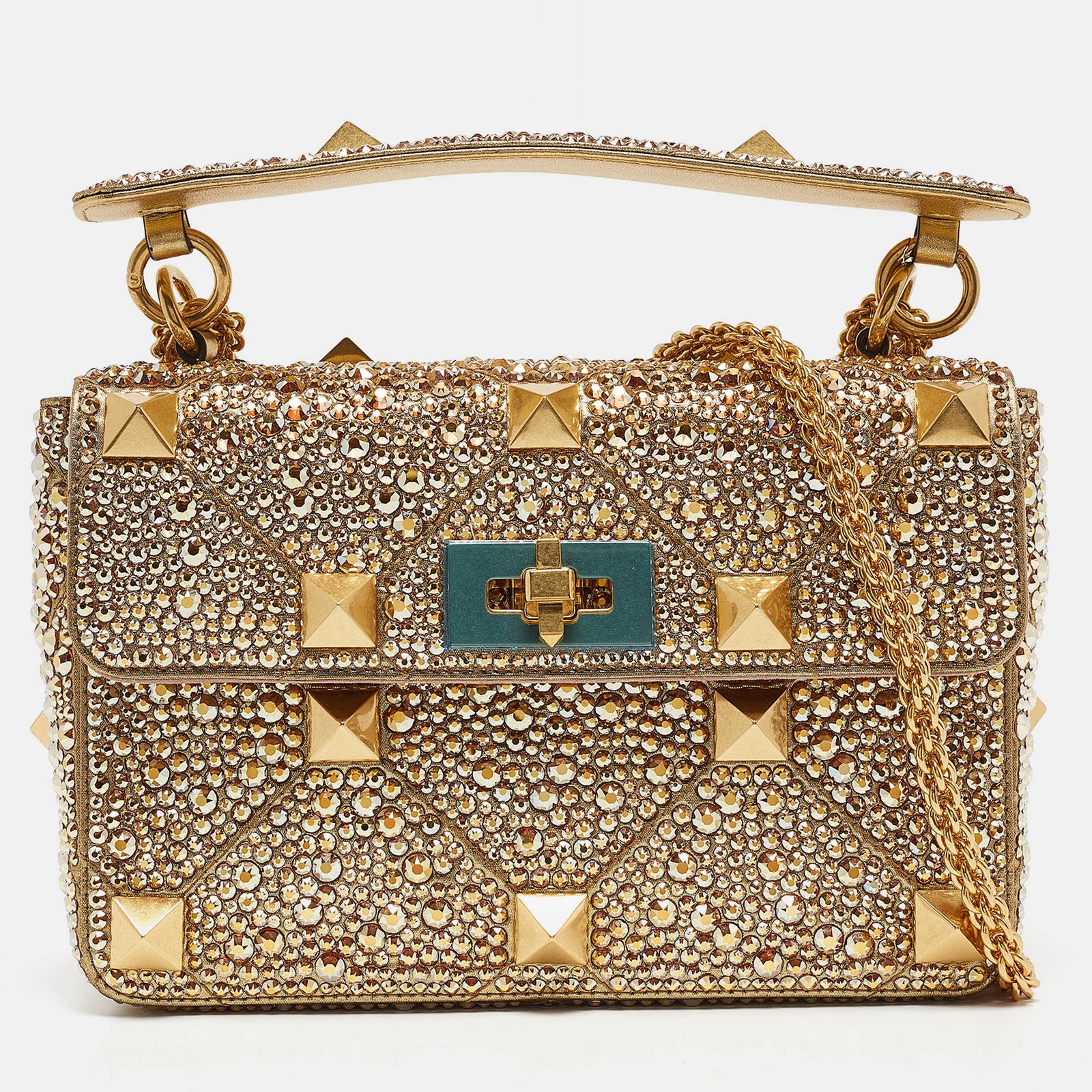 Valentino Gold Crystal Studded Medium Roman Stud Top Handle Bag