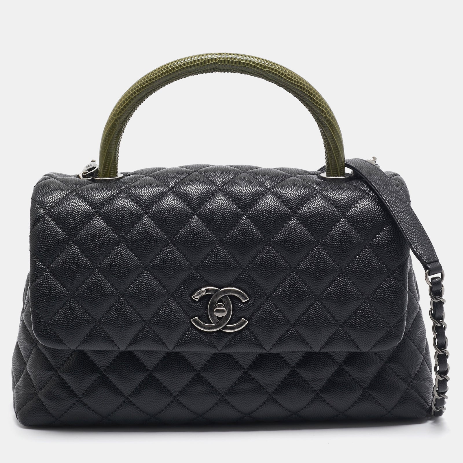 Chanel Black/Green Quilted Caviar Leather and Lizard Small Coco Top Handle Bag