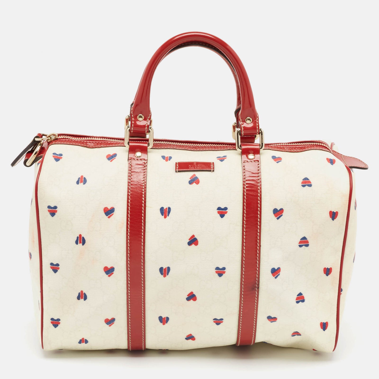 Gucci Rot/weiße Joy Boston Bag aus GG Canvas und Leder mit Herz-Print