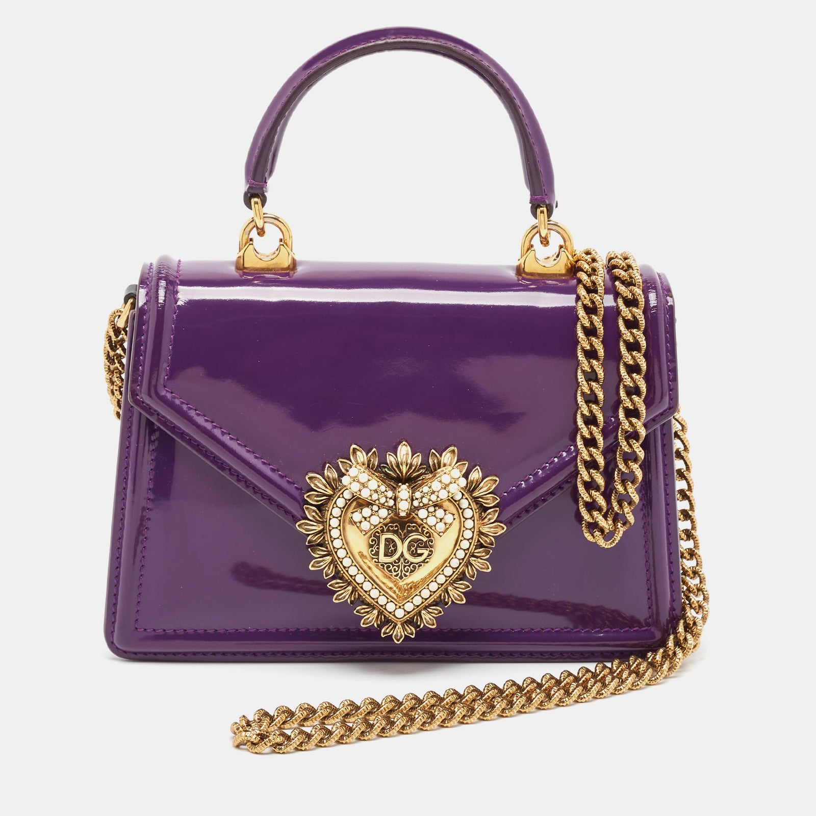 Dolce & Gabbana Kleine Devotion-Tasche aus violettem Lackleder mit Henkel