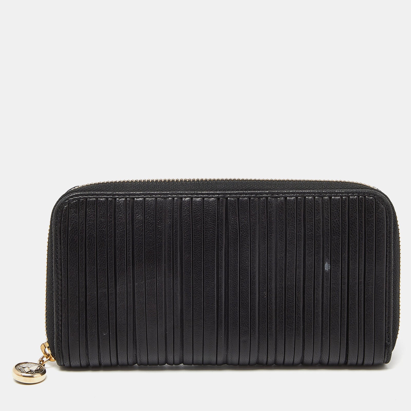 Bvlgari Black Pleated Leather Zip Around Wallet