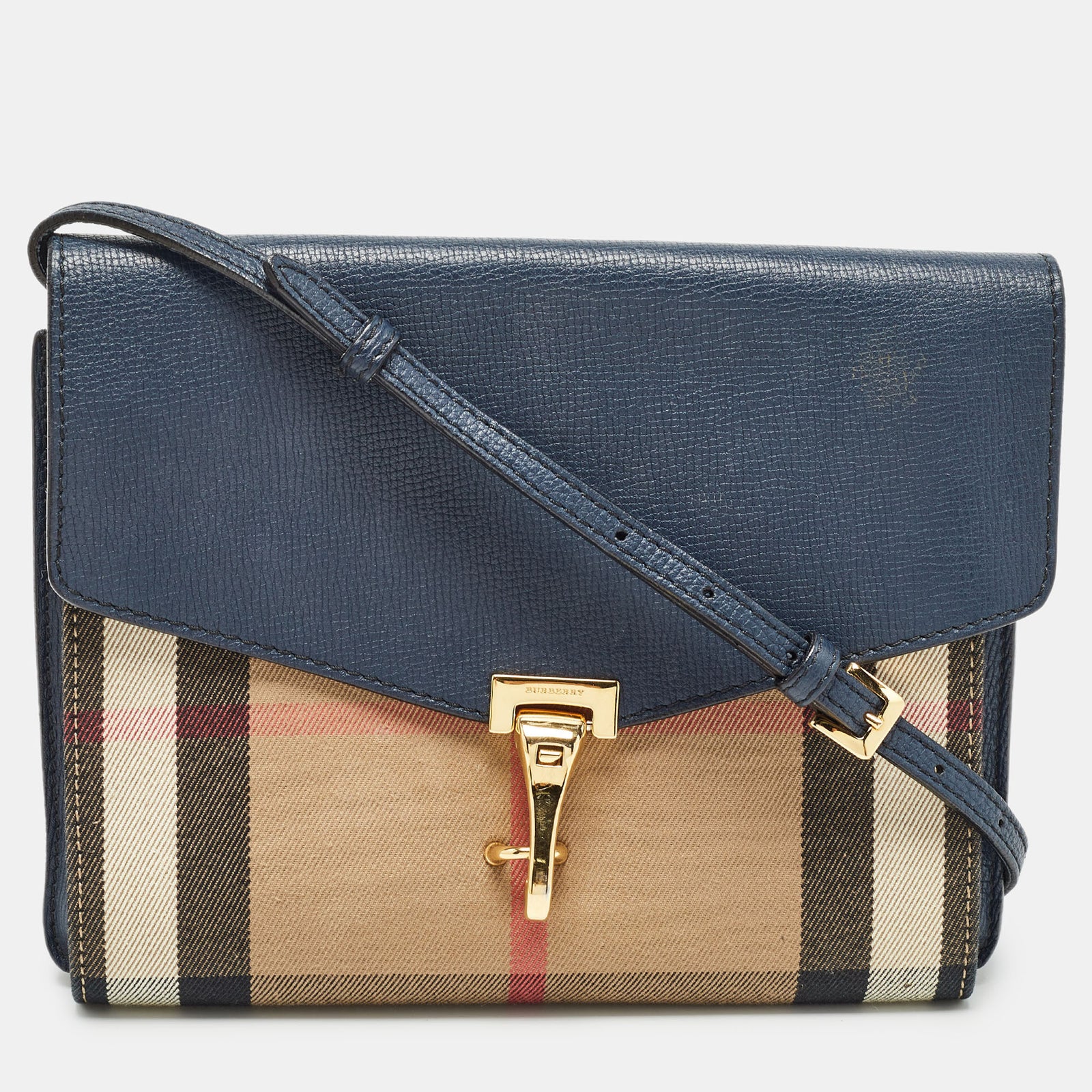 Burberry Navy Blue/Beige House Check Fabric and Leather Small Macken Crossbody Bag