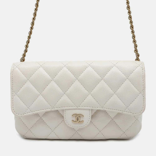 White Quilted Caviar Classic Flap Phone Holder with Chain