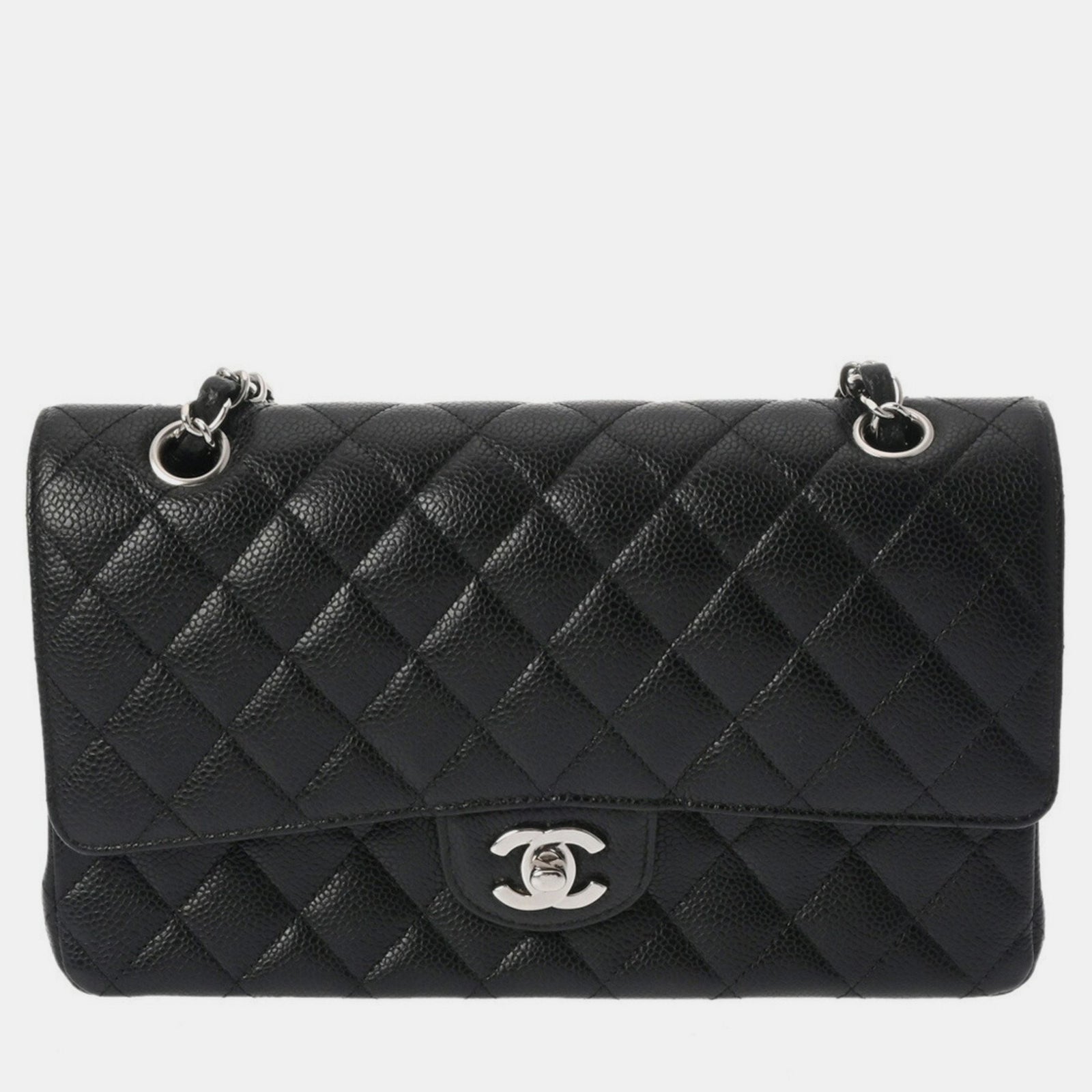 Chanel Schwarze Matelassé-Schultertasche aus Kaviarhaut mit Kette und Doppelklappe, 25 cm