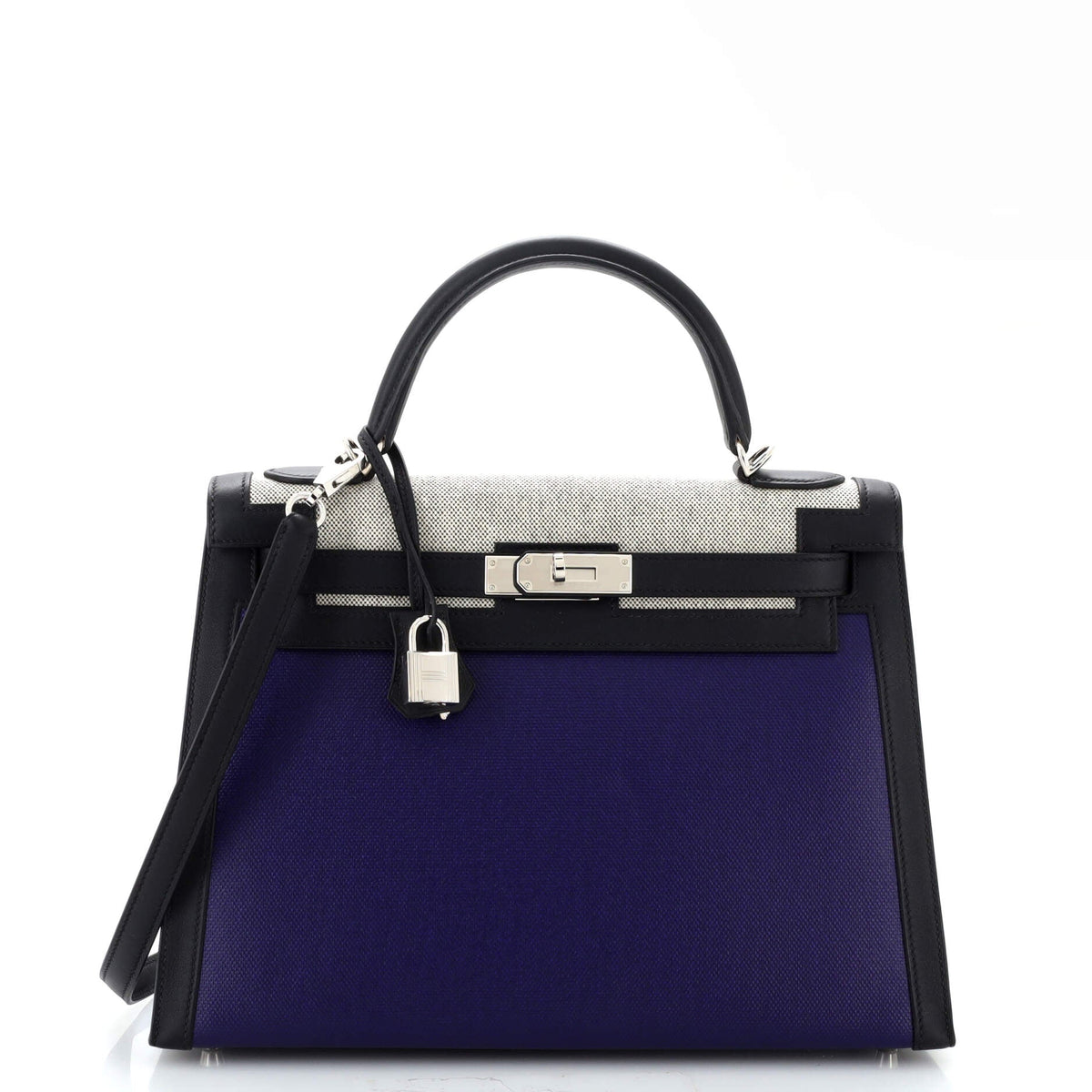 Hermès Kelly Handbag Blue Berline Vache Canvas with Black Swift and Toile with Palladium Hardware 32