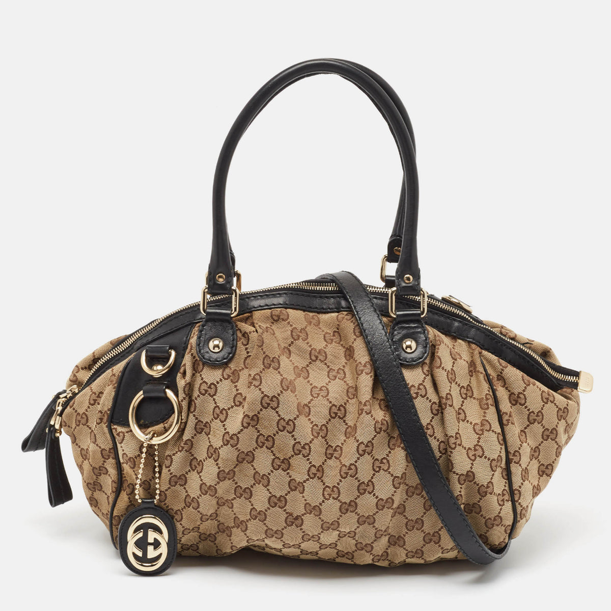 Gucci Black/Beige GG Canvas and Leather Medium Sukey Bag