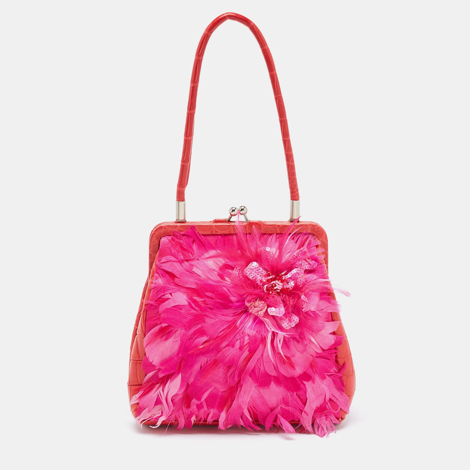 Gianfranco Ferre Red/Magenta Crocodile and Feather Top Handle Bag