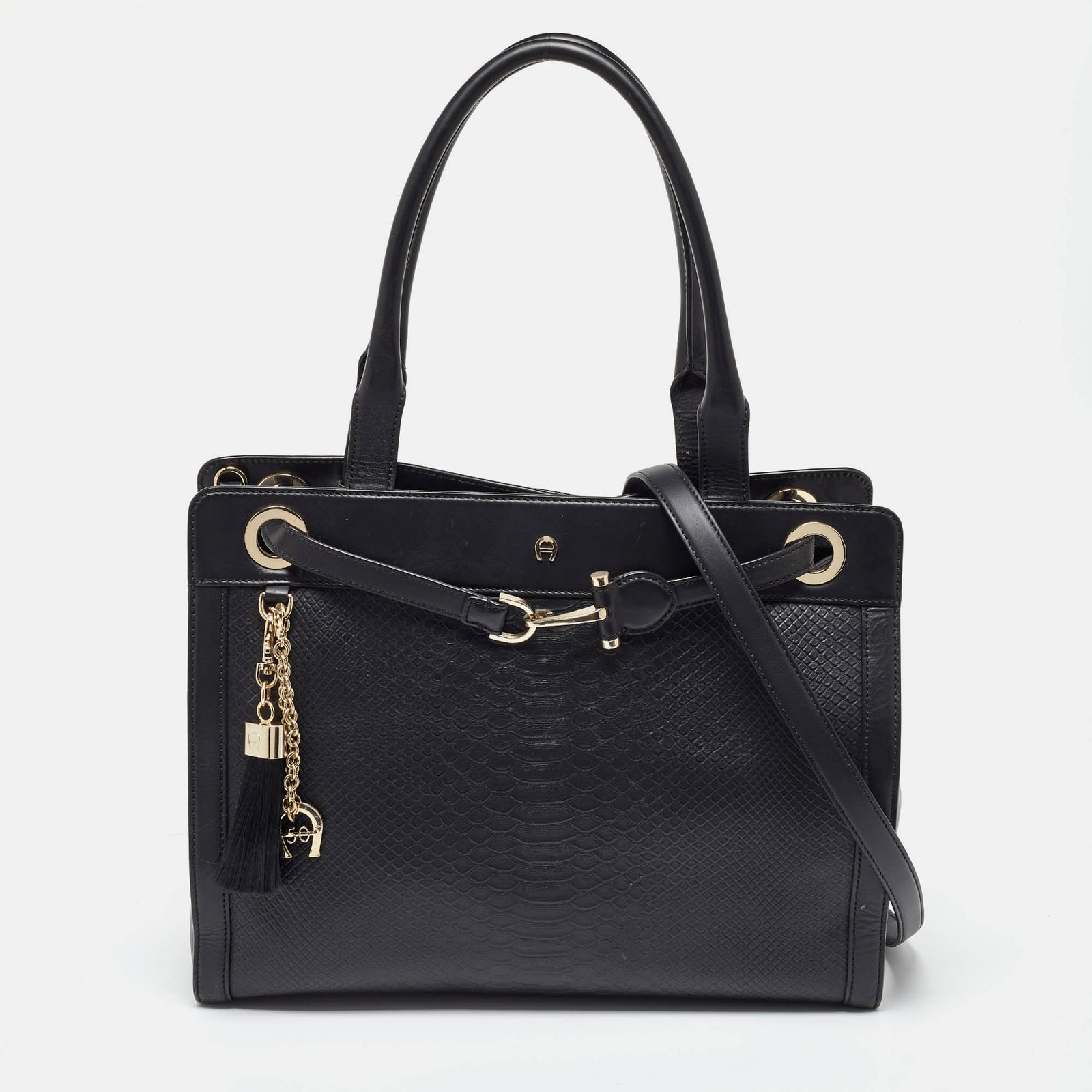 Aigner Schwarze Cavallina Tote aus krokodilgeprägtem Leder