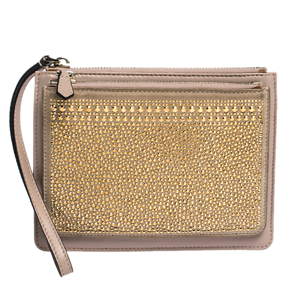 Valentino Nude Beige/Gold Leather and Suede Studded Wristlet Pouch