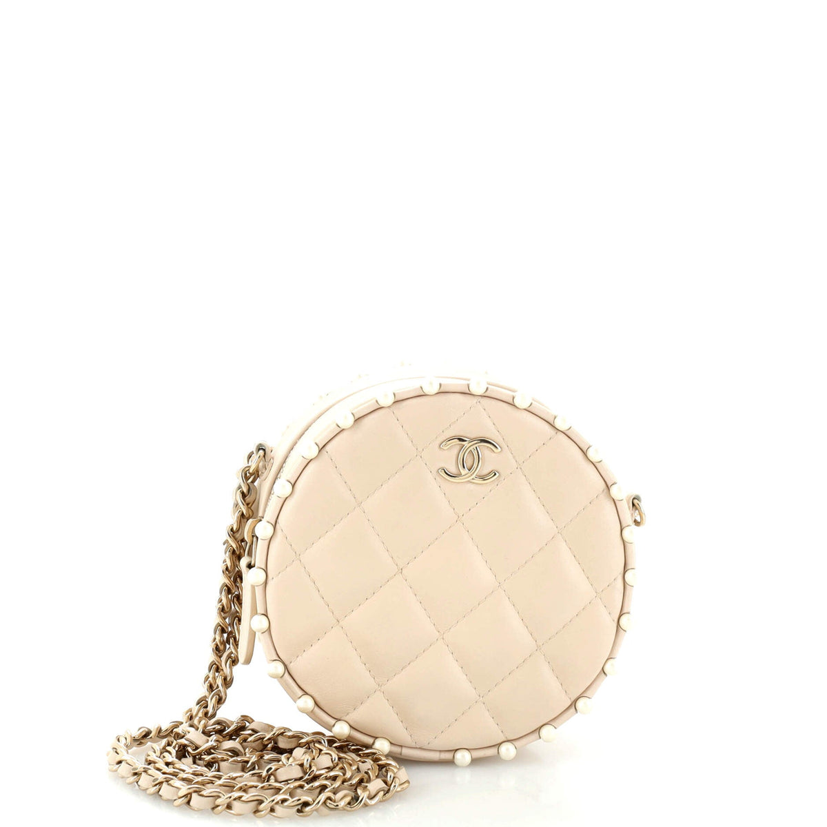 Chanel CHANEL Round Clutch with Chain Quilted Calfskin with Pearl Detail