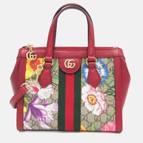 Beige/Red Canvas and Leather Ophidia Flora Shoulder Bag