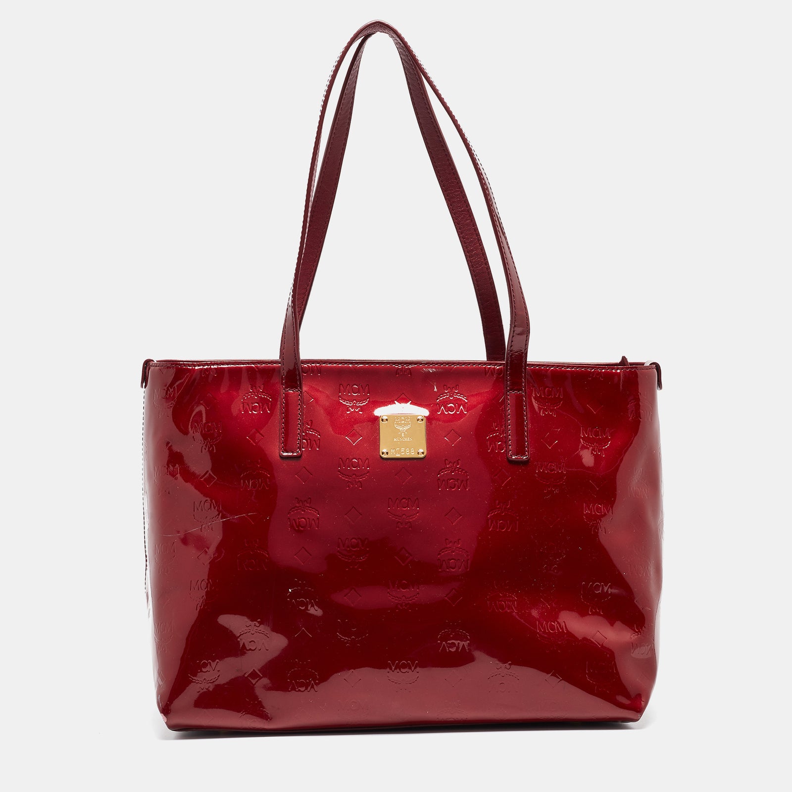 MCM Dark Red Visetos Patent Leather Tote