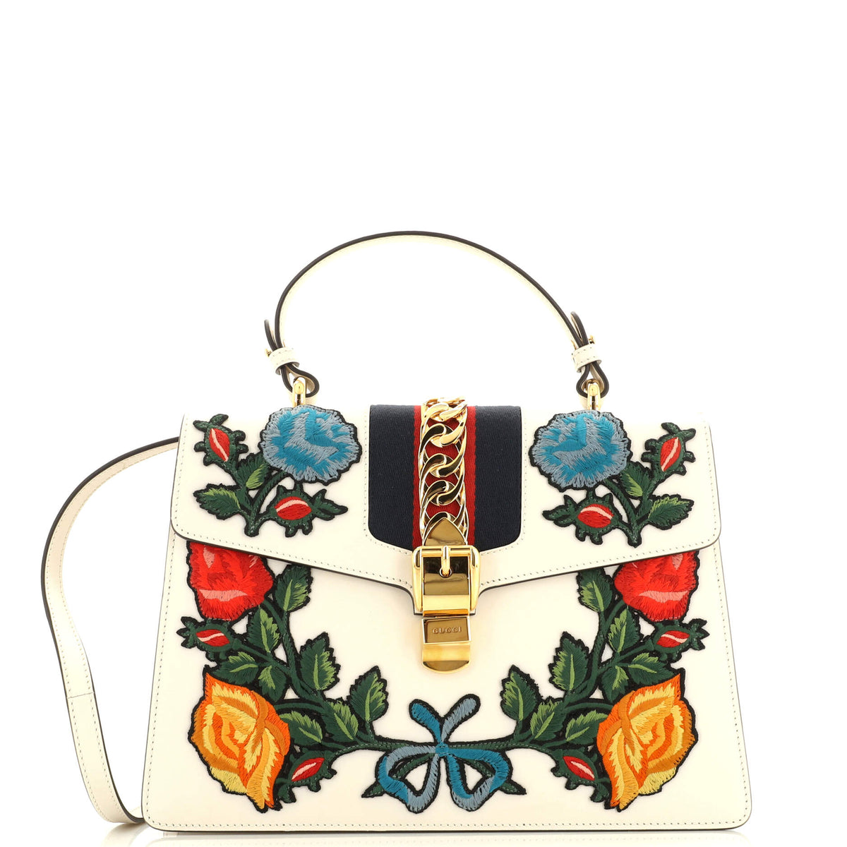 Gucci GUCCI Sylvie Top Handle Bag Embroidered Leather Medium