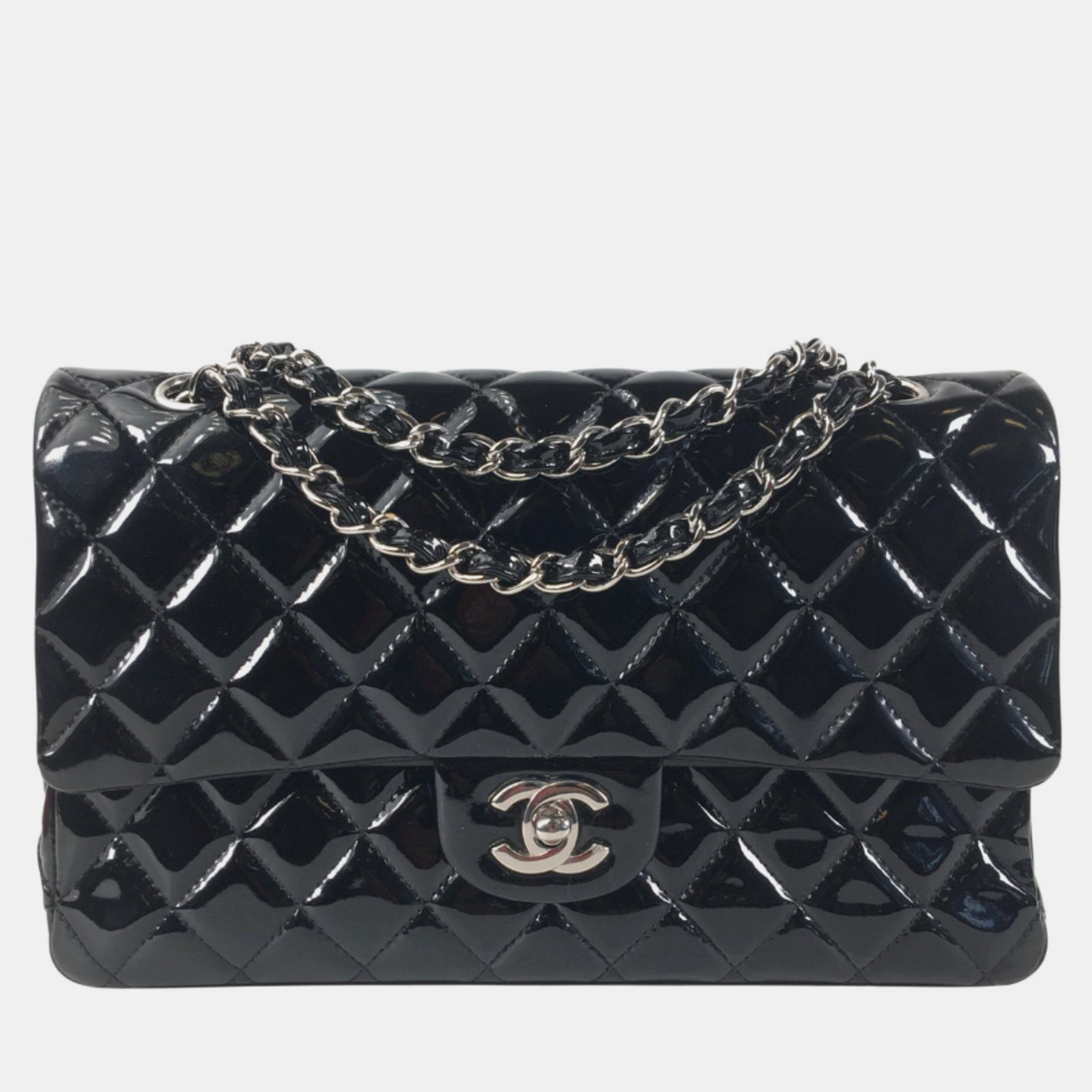 Chanel Black Patent Leather Medium Classic Double Flap Shoulder Bags